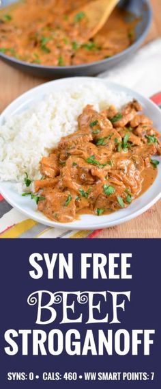 the flyer for syn free beef stroganooffi with rice and garnishes