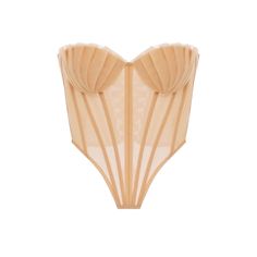 Expertly crafted with a delicate shell pattern, this bustier top features pleated detailing and a sheer mesh design. Its strapless style and lace-up back provide a comfortable and flattering fit. Available in a soft apricot hue, perfect for adding a touch of elegance to any outfit. Fabric: Medium Stretch Material: Organza (Polyamide) Underbust Nylon Corset With Built-in Bra, Elegant Nylon Corset With Built-in Bra, Chic Underwire Corset With Built-in Bra, Evening Corset Belt With Boned Bodice, Evening Boned Bodice Corset Belt, Elegant Strapless Corset With Sheer Bodice, Strapless Lace Corset For Summer, Summer Strapless Lace Corset, Elegant Sleeveless Mesh Corset Dress