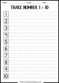 trace number 1 to 10 worksheet with numbers on the page and an empty space for