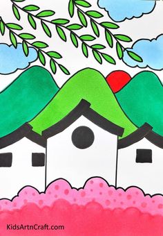 a drawing of houses with trees and clouds in the background