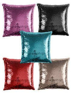 four different color sequinized pillows