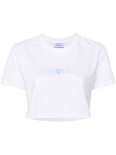 optical white cotton stretch-jersey ribbed crew neck short sleeves logo print to the front signature Arrows motif to the rear straight hem White Signature Print T-shirt For Summer, White Graphic Print Crew Neck Cropped T-shirt, White Graphic Print Cropped T-shirt With Crew Neck, White Cropped T-shirt With Text Print, White Relaxed Fit Cropped T-shirt With Text Print, White Short Sleeve Cropped T-shirt With Text Print, White Cropped T-shirt With Text Print, Relaxed Fit, Modern White Top With Logo Print, White Cotton Crew Neck Cropped T-shirt