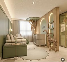 a giraffe standing in the middle of a living room