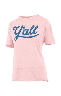 Stay cozy this season with our Y'all Chenille Appliqued tee! This super soft tee is made with a 60/40 cotton-polyester blend for a luxuriously comfy feel. Applique Tee, Beach Pink, Stay Cozy, Metallic Gold, Loose Fitting, Cotton Blend, Womens Shorts, Pink, T Shirt