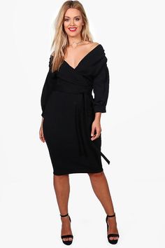 Plus Off The Shoulder Wrap Midi Dress Plus Size Shirt Dress, Off Shoulder Midi Dress, Plus Size Black Dresses, Staple Dress, Rehearsal Dinner Dresses, Plus Size Party Dresses, Shoulder Wrap, Fitted Midi Dress, Black Party Dresses