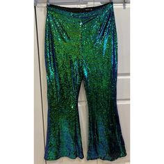 Nasty Gal Sequin Green Blue Purple Mermaidcore Pants Nwot Festival, Rave, 80’s, 90’s, 00’s, Y2k Fashion Green Stretch Pants For Party, Glamorous Blue Sequined Pants, Blue Sequined Wide Leg Bottoms, Green Stretch Sequined Bottoms, Green Sequined Stretch Bottoms, Green Bottoms For Night Out Party, Green Sequined Party Bottoms, Green Sequin Party Pants, Green Sequined Party Pants