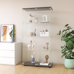 a glass shelf filled with figurines on top of a wooden floor next to a potted plant