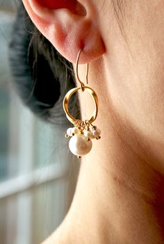 Mother of the Bride Jewelry Pearl Bridal Earring by laurastark, $72.00 14k Gold Filled Pearl Drop Earrings For Anniversary, Elegant Brass Pearl Earrings, Elegant Pearl Drop Brass Jewelry, Elegant Brass Jewelry With Pearl Drop, Formal Pearl Charm Brass Jewelry, Elegant Gold Cluster Earrings For Gift, Gold Pearl Jewelry Wire Wrapped, Brass Jewelry With Pearl Charm For Weddings, Round Pearl Drop Brass Jewelry