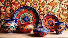 an assortment of colorful vases and plates on a wooden shelf in front of a brightly colored wall