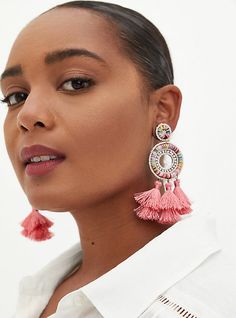 These statement earrings combine intricate beading on a hoop design with tassels. Post backs. Man-made materials. Base metal. Imported. 3” length. The best plus size women's coral beaded tassel statement earrings in coral. Fringe Earrings For Vacation, Tassel Jewelry For Vacation, Pink Bohemian Beaded Earrings For Vacation, Beaded Tassel Earrings For Summer, Bohemian Jewelry With Dangling Beads For Spring, Bohemian Spring Jewelry With Dangling Beads, Spring Bohemian Beaded Dangling Earrings, Colorful Beads Tassel Earrings For Festival, Colorful Beaded Tassel Earrings For Festival