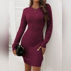 New Chic Cable Knit Bodycon Sweater Dress * Long Sleeve * Ribbed Knit Trim * Round Neckline * Ribbed High Waist * Short Fitted Pencil Skirt * Soft Stretch Pullover *Approximate Unstretched Measurements* Xs (2) * Bust 32.25"(Up To 34") * Waist 24.25" (Up To 26") * Hip 31.5"(Up To 35.75") * Length 34.25" Small (4) * Bust 34"(Up To 35.5") * Waist 26" (Up To 27.5") * Hip 33"(Up To 37.5") * Length 35.25" Medium (6) * Bust 35.25"(Up To 37") * Waist 27.5" (Up To 29") * Hip 34.5"(Up To 39") * Length 36" Elegant Fitted Cable Knit Sweater Dress, Elegant Knee-length Cable Knit Sweater Dress, Elegant Cable Knit Sweater Dress, Elegant Fitted Crew Neck Sweater Dress, Burgundy Long Sleeve Bodycon Dress, Burgundy Mini Dress For Winter, Elegant Burgundy Bodycon Dress For Fall, Long Sleeve Burgundy Bodycon Dress, Holiday Capsule Wardrobe