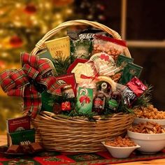 a christmas gourmet gift basket filled with snacks