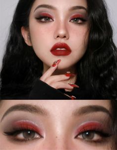 Extreme Make-up, Red Eyeshadow Look, Makeup Asia, Halloweenský Makeup, Cute Eyeshadow Looks, Red Eyeshadow, Red Makeup