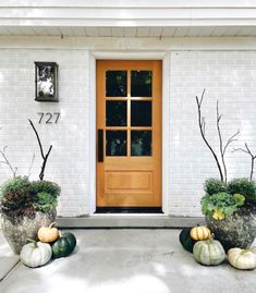 two planters with pumpkins and gourds are in front of a door