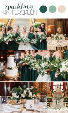 the bride and her bridal party are all dressed in green, white and gold