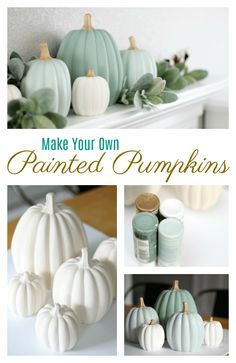 some white pumpkins sitting on top of a mantle