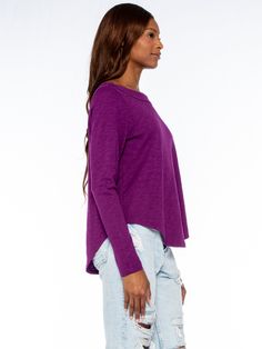 Shrunken Long Sleeve Bateau Neck Shirttail Tee. In Our Signature Slub Fabrication. Made in the USA. Model is wearing a size Small Fabric Content:100% Cotton Purple Relaxed Fit Casual Top, Purple Relaxed Fit Crew Neck Blouse, Purple Relaxed Fit Top For Fall, Casual Purple Long Sleeve Top, Purple Relaxed Fit Long Sleeve Top, Purple Long Sleeve Relaxed Fit Top, Essential Tops, Magnolia Colors, Buy Clothes Online