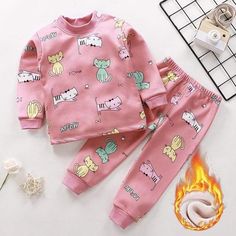 Style 11 / 4T Thicken Pajama Sets Cartoon Playful Cotton Sleepwear For Winter, Pink Winter Bedtime Sets, Cute Winter Bedtime Sets, Winter Cartoon Print Sleepwear, Cute Winter Sets With Cartoon Print, Cartoon Pajamas, Winter Pajama, Cartoon Cat Drawing, Warm Pajamas