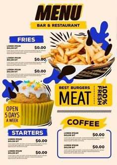 a menu for a fast food restaurant with an image of a cupcake and fries