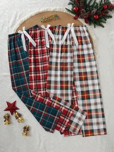 3pcs/Set Christmas Plaid Print Elastic Waist Bow Decor Pajama Pants Multicolor Casual-Woman   Knitted Fabric Christmas,Plaid Pant Sets Slight Stretch Spring/Fall,Fall/Winter Women Sleep & Lounge, size features are:Bust: ,Length: ,Sleeve Length: Plaid Christmas Pants, Pyjamas Plaid, Cute Christmas Pjs, Christmas Pajamas Aesthetic, Ca Rô, Pijama Pants, Plaid Pj Pants, Christmas Pj Pants, Cute Christmas Pajamas