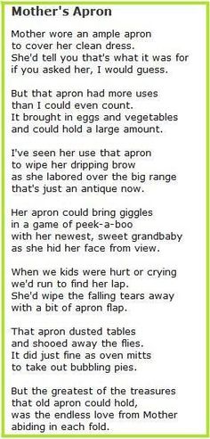 the poem mother's apron is written in green and black on a white background