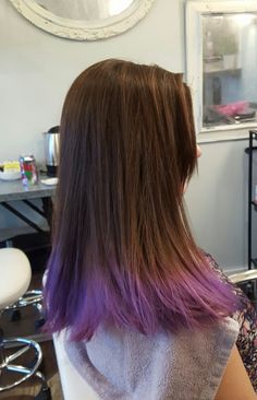 Purple End Hair, Hair Dipped Ends Blue, Dyed Hair For Brunettes Purple, Purple Hair Ends Dips, Brown To Purple Ombre Hair Long, Long Brown Hair With Purple Tips, Purple Hair Ends Brown, Purple Hair Tips Brunette, Brown To Purple Balayage Straight Hair