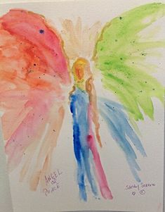 a drawing of an angel with colorful wings