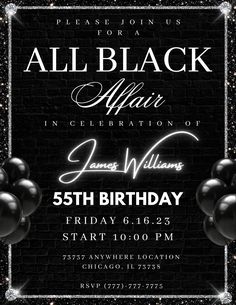 an all black party flyer with balloons and confetti on the side, in front of a brick wall