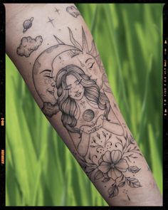 Female Forearm Tattoo Inspiration Women’s Tattoo Ideas Arm, Feminine Pinup Tattoo, Powerful Sleeve Tattoos For Women, Mother Earth Tattoos For Women, Tattoo Of Sun And Moon, Women Tarot Card Tattoo, Powerful Mother Tattoos, Witchy Floral Sleeve Tattoo, Women And Moon Tattoo