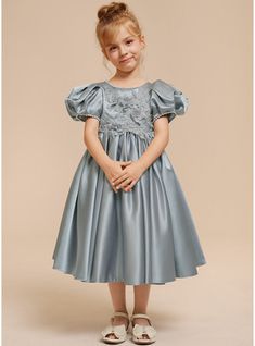 JJ's House Satin Scoop Fall  Winter A-line Back Zip Tea-Length Short Sleeves Flower Girl Dress. #JJ's House #Satin #Scoop #Fall #Winter #Aline #BackZip #TeaLength #ShortSleeves #FlowerGirlDress Spring Princess Style Solid Color Dresses, Satin Flower Girl Dress, Tulle Flower Girl Dress, Girls Dresses Online, Flower Girl Dresses Tulle, Satin Flowers, Flower Girl Dress, Tea Length, Blue Shorts