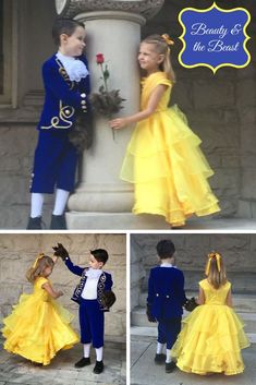 two children dressed up in princess and prince costumes, one is holding the hand of another child