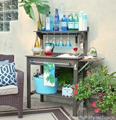 an image of a table with bottles and plants on it in the middle of a facebook post