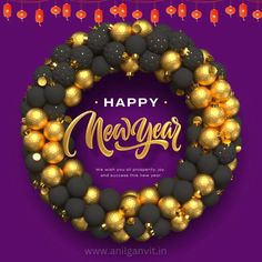 a happy new year greeting card with gold and black balls in a circle on a purple background