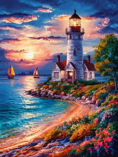 a painting of a lighthouse and sailboat on the water at sunset with clouds in the sky