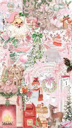 a christmas scene with santa claus, deer and other holiday items in pinks and greens