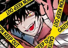 an anime character with black hair and red eyes is surrounded by yellow caution tape that reads, don't know keep on