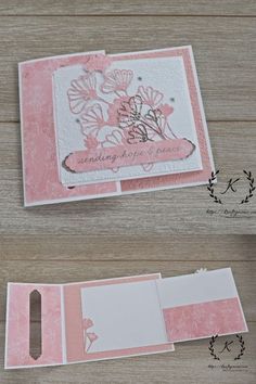 two cards with pink and white flowers on them, one is folded in half to show the