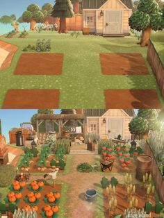 an animated farm scene is shown in two separate screens, one showing the vegetable garden