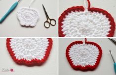 crocheted apples are being worked on with scissors and yarn in the shape of an apple