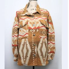 Aztec Style Jacket/Shacket Tags: Southwest, Rodeo, Cowgirl, Prairie, Retro Cream Outerwear For Fall, Beige Utility Jacket With Snap Buttons For Fall, Retro Long Sleeve Utility Jacket For Fall, Retro Brown Long Sleeve Utility Jacket, Luxury Brown Western Outerwear, Aztec Jacket Women, Western Sherpa Jacket, Aztec Shacket, Aztec Denim Jacket