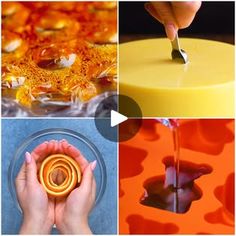 four different pictures with one person holding a spoon and the other is pouring something into a bowl