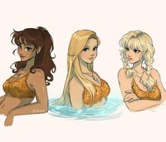 three women are sitting in the water with their backs to each other and one is wearing a bra