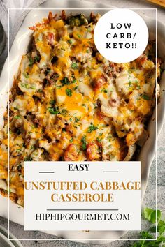 a casserole dish with cheese, meat and vegetables in it on a white plate