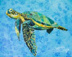 a painting of a green sea turtle swimming in the ocean with blue water behind it