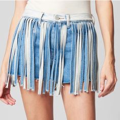 See Picture For Detailed Description Never Worn Trendy Summer Jeans With Fringe, Trendy Fringed Summer Jeans, Trendy Fringe Jeans For Summer, Denim Blue Cutoff Shorts For Spring, Cutoff Denim Jeans For Festival, Trendy Medium Wash Festival Bottoms, Blue Jean Shorts With Frayed Hem, Festival Denim Blue Bottoms, Festival Medium Wash Denim Bottoms