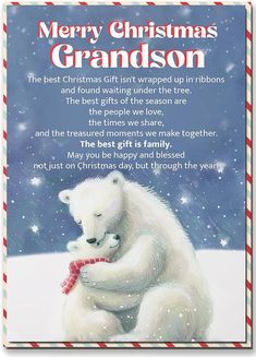 a christmas card with a polar bear holding a teddy bear in it's arms