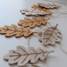 some brown and white leaves are hanging on a string