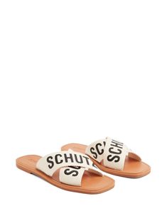 Schutz logo-print Straps Slides - Farfetch Casual Summer Sandals With Logo Strap, Casual Sandals With Logo Strap For Spring, Logo Print Slip-on Sandals For Summer, Slip-on Sandals With Logo Print For Summer, Summer Slip-on Sandals With Logo Print, White Slides With Rubber Sole For Vacation, Open Toe Sandals With Logo For Spring, Casual Slip-on Sandals With Logo, Spring Open Toe Sandals With Logo