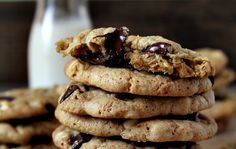 chocolate chip cookies stacked on top of each other