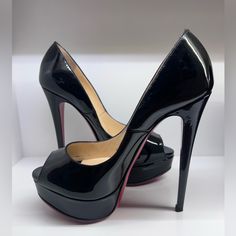 Christian Louboutin Lady Peep Patent Leather Pumps Black In Excellent Condition From A Smoke Free Home Black Patent Leather Heels With Red Sole, Slip-on Heels With Padded Heel In Patent Leather, Modern Patent Leather Slip-on Heels, Lady Peep Louboutin, Louboutin Dolly Pump, High Hills, Patent Leather Pumps, Louboutin Shoes, Leather Pumps